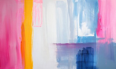 Naklejka premium Abstract painting with bold strokes of pink, blue, yellow, and white.