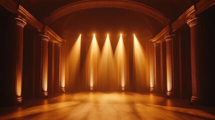 Fototapeta premium An elegant stage illuminated by warm, golden lights, featuring classical columns and a polished wooden floor, perfect for performances.