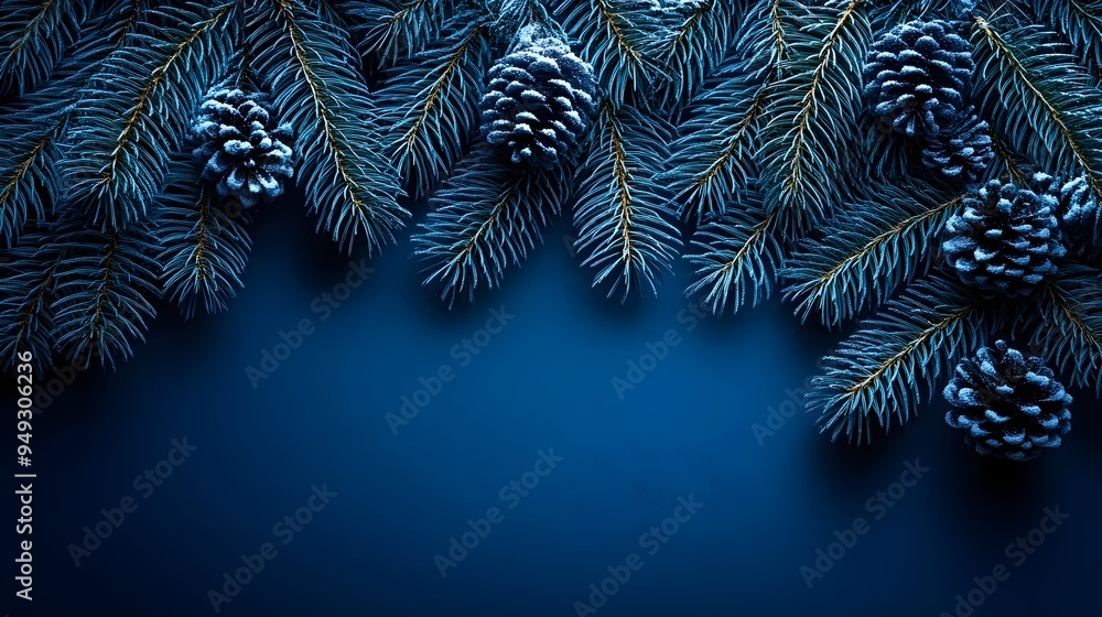 Aufkleber a close-up of pine branches with pine cones against a blue background. the branches are arranged in 