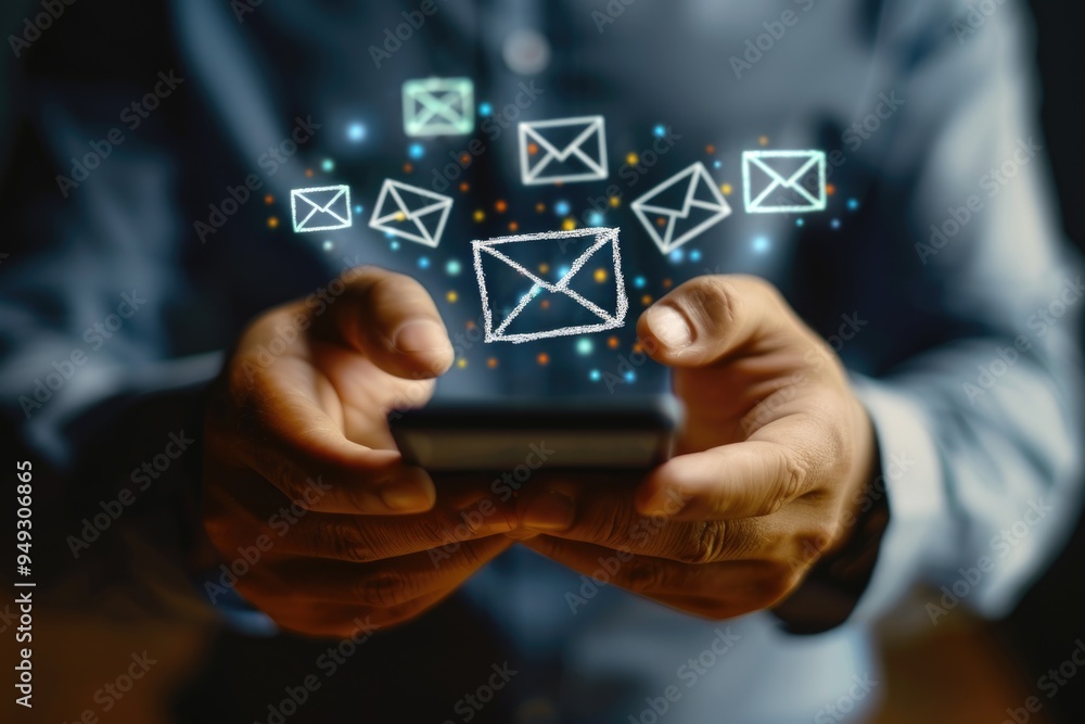 Poster A person holds a cell phone with email icons appearing, suitable for use in technology or digital communication illustrations