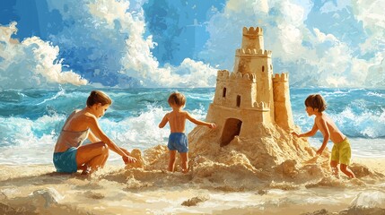 Children Building Sandcastle on Beach