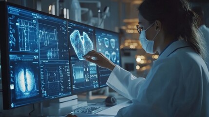 Doctor analyzing lung X-rays on futuristic screens in a modern lab, focusing on medical research and healthcare technology advancements.