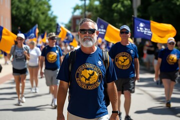 Fototapeta premium Constitution Day with a patriotic march through historic downtown, illustrated in a scene where people march through the streets of a historic town, holding banners that celebrate the U.S. Constitutio