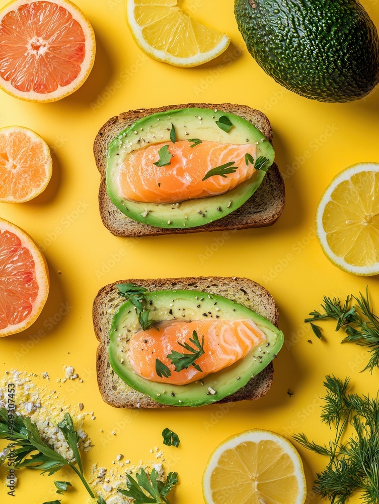 Poster enjoy a nutritious breakfast featuring avocado toast topped with salmon, complemented by fresh citru