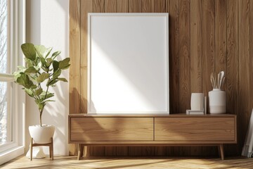 Poster Frame Mockup on Wooden Interior Background created with Generative AI