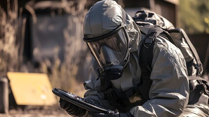 EOD Officer in Protective Gear Carefully Inspecting Suspicious Device