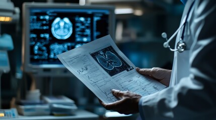 Doctor examining brain scan and diagnostic report in modern medical facility, highlighting advanced healthcare technology and patient care.