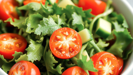 Closeup of Fresh Salad with Tomatoes and Cucumber