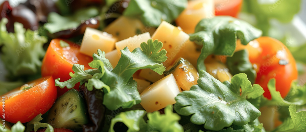 Poster Close Up of Fresh Salad with Tomatoes, Cheese, and Herbs