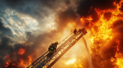 Dramatic scene of firefighters on a ladder battling a blazing fire with flames and smoke in the background.
