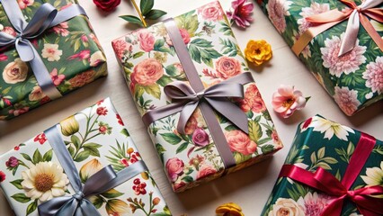 Fototapeta premium Five Gift Boxes Wrapped in Floral Patterned Paper