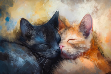 Two cute cats in love, romantic animal illustration