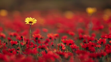 A single yellow flower stands out in a field of red flowers.