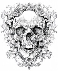 A detailed artistic illustration of a skull surrounded by ornate floral designs.