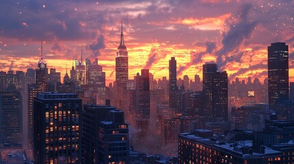 Cityscape Sunset Anime Style