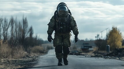 Fototapeta premium Explosive Ordnance Disposal Officer in Protective Suit Conducting Security Check on Road