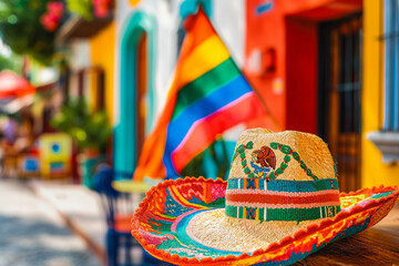 Colorful Fiesta on the Streets of Mexico - Celebrating Cinco de Mayo with a Mexican Hat and Flag