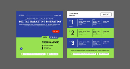 instagram webinar conference social media template post slider carousel banner poster web summit seminar online business flat blue green color background minimal design square size poster templates