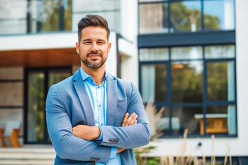 Confident American man real estate agent stands proudly outside a modern home, radiating expertise and approachability, ready to assist potential house buyers