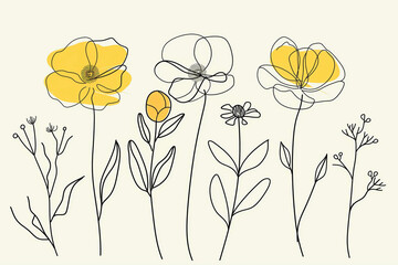 Continuous line drawing set of flowers. Plants one line illustration. Minimalist Prints vector illustration