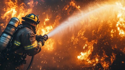 Firefighter battling intense blaze with hose, demonstrating bravery and heroism in dangerous firefighting mission.