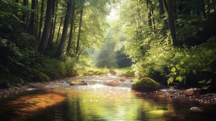Obraz premium Tranquil Forest Stream Sunlight