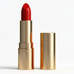 Obraz premium Elegant red lipstick in a gold case, perfect for makeup enthusiasts. Ideal for beauty product promotions or artistic displays.