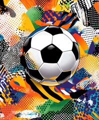 A vibrant graphic featuring a soccer ball amidst colorful abstract patterns.