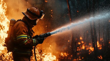 Firefighter battling intense forest fire with hose, surrounded by flames and smoke, demonstrating bravery and emergency response.