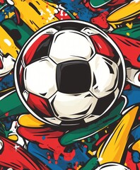 A colorful graphic featuring a soccer ball surrounded by vibrant splashes of color.