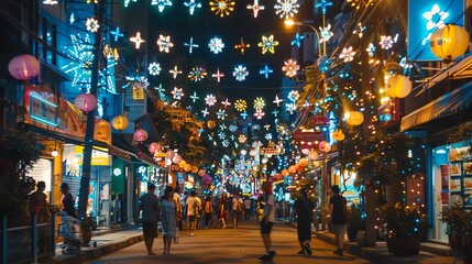 Obraz premium A brightly lit street at night with people walking by.