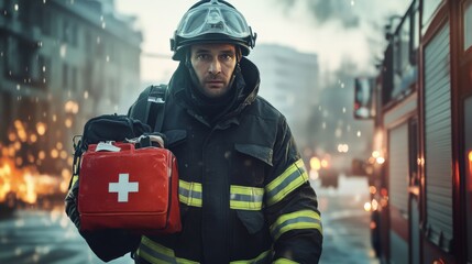 Firefighter in full gear holding a first aid kit, walking through a smoky and chaotic urban scene, showcasing bravery and dedication.