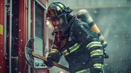 Obraz premium Firefighter in full gear holding an axe during a snowy emergency. Brave emergency responder ready for action in harsh conditions.
