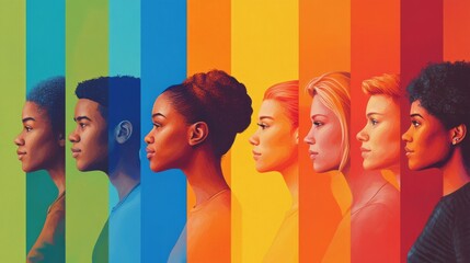 Colorful Diversity Portrait of Six People in Vibrant Striped Background