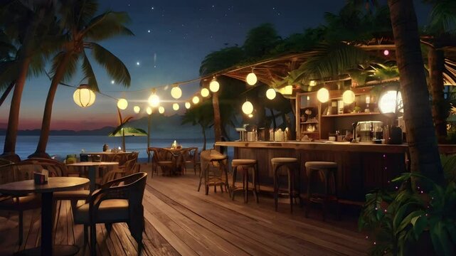 An aesthetic cafe with wooden decoration and flooring on the seaside at night with flower and coconut tree decorations. Seamless 4K looping timelapse video animation background