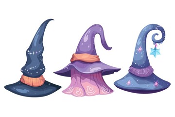 Three colorful cartoon witch hats on a shelf or table