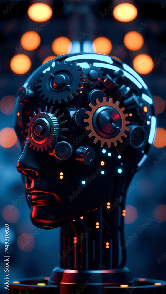 Poster artificial intelligence head with cogs and lights