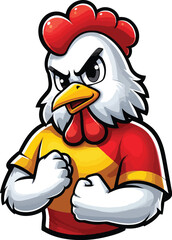 a chicken mascot with a clenched fist, with a yellow and red t-shirt 
