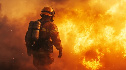 Firefighter in protective gear battling a blazing fire, showcasing courage and determination amidst intense flames and smoke.