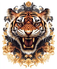 A fierce tiger's head with intricate floral designs, showcasing strength and beauty.