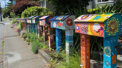 A row of colorful mailboxes on a street.