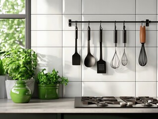 A stylish kitchen display featuring hanging cooking utensils, green plants, and a sleek stove, creating a vibrant culinary atmosphere.