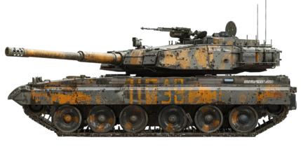 side view Military tank with camouflage paint and a large cannon isolated on transparent background, generative ai