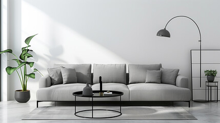 Minimalist living room interior design with a gray sofa, white walls, and a black coffee table.
