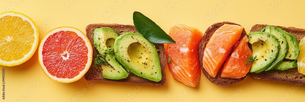 Poster enjoy a vibrant breakfast featuring creamy avocado toast topped with salmon and fresh citrus slices 