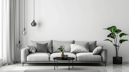 Minimalist living room interior design with a gray sofa, white walls, and a black coffee table.
