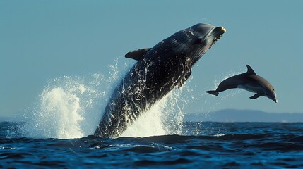 Fototapeta premium A dolphin leaps out of the water, followed by a smaller dolphin.