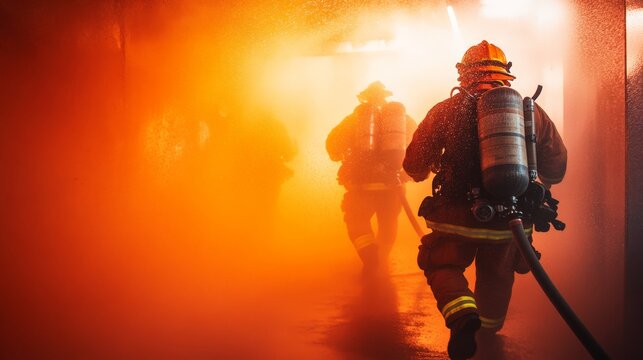 Firefighters in full gear navigate through thick smoke in a burning building, showcasing courage and dedication during a rescue operation.