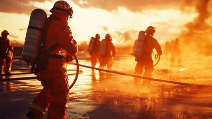 Firefighters in protective gear battling a blaze at sunset with hoses and equipment, teamwork and bravery amidst intense flames.