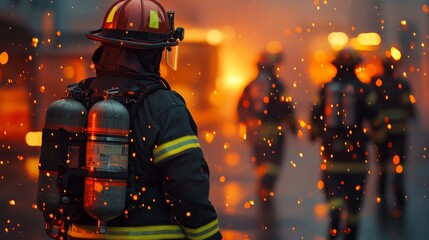 Firefighters working together to extinguish a fire in an urban environment, showcasing bravery and teamwork in a dangerous situation.